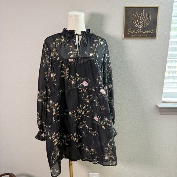 Women's All Saints Black Pullover Floral‎ Botanical Dress with Slip Size 0 NEW - Picture 10 of 11